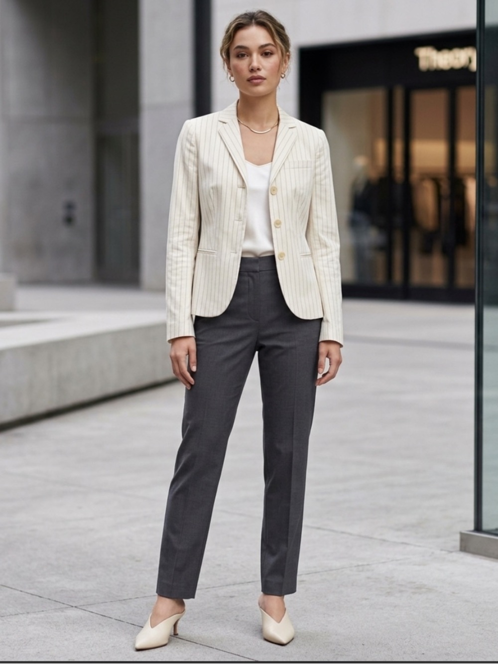 Theory Womens Blazer Size 2 White Pinstripe Cotton‎ Stretch 3 Button Suit Jacket